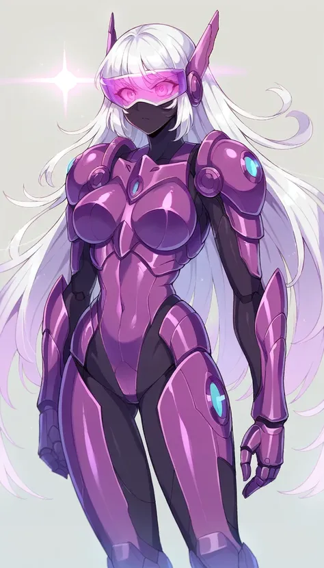 a beautiful woman with long white hair wearing an ultra-technological suit of armor. the armor is sleek and futuristic, made fro...