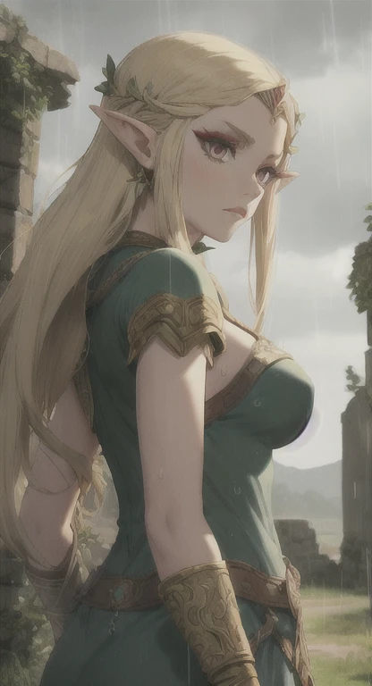 Ancient Hylian, Devine heroine, princess Hylia, blonde, red eyes, glaring at viewer, ancient Devine armor, long messy hair, ancient Hyrule, medieval castle ruins, thunderstorm, rain,