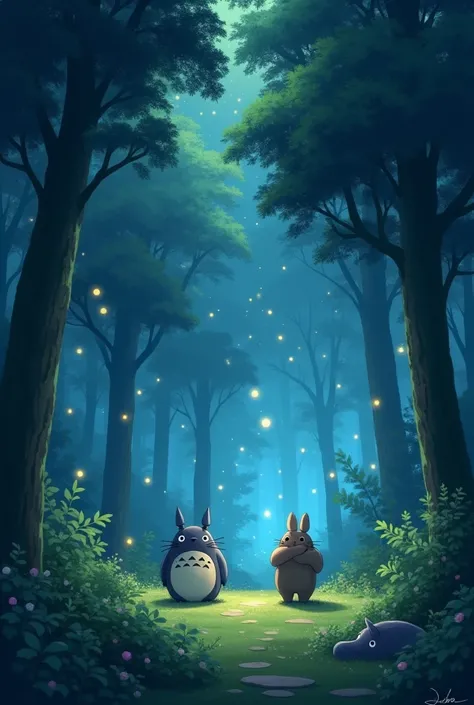 ((Highest quality))、Ghibli、Totoro Forest、night、Blur、Sparkling all around