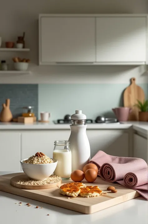 

"An organized scene of a fitness-focused morning routine: A clean kitchen counter with a bowl of oats, a glass of milk, boiled eggs, almonds, kismis, and two garlic cloves neatly arranged. Next to it, gym gear including a water bottle, dumbbells, and a r...