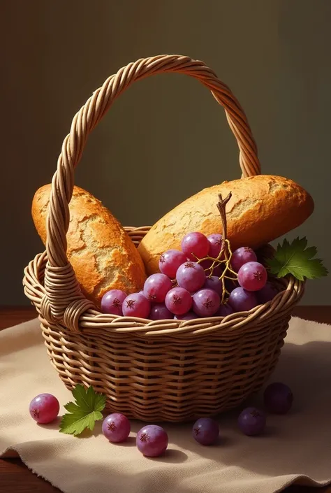 Make me an image with a loaf of bread with grapes inside a basket that presents the Holy Supper 