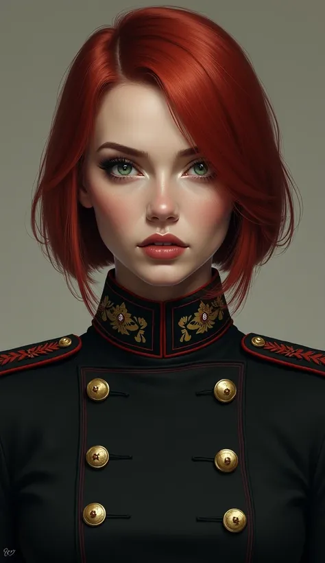 Woman with short straight red hair, white hair, green eyes, wearing a black Prussian military suit 