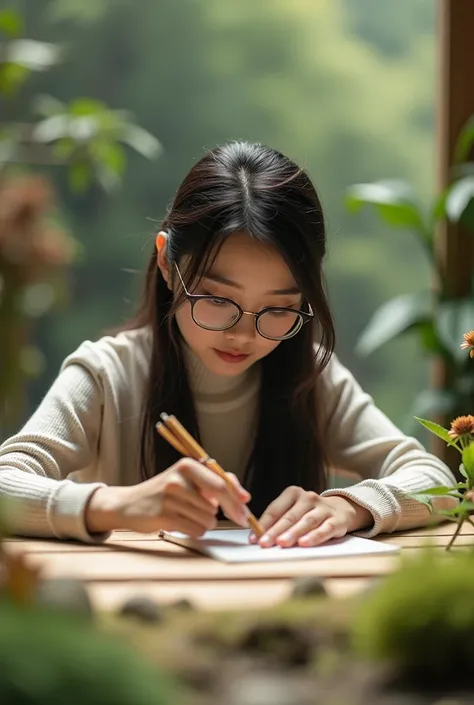 A China woman with glasses is writing in front of the table，miniature landscape, wool knitting， in focus,80mm lens..Large aperture,light colors, cinematic lighting，