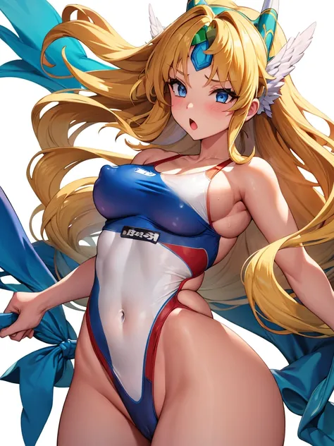  (White background, 1girl:1.4), BREAK,Long blonde hair, blue eyes,Narrow waist,voluptuous Breasts,(one-piece competitive swimwear,one-piece competition swimsuit:1.6), blush,Open your mouth,(covered nipples:1.2)