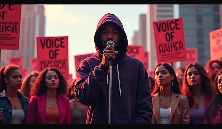 "Design a compelling YouTube thumbnail for a music video with a theme against rape. The image should feature an anonymous rapper holding a microphone, standing prominently in the center of a city protest scene. Surround him with a diverse group of women of...