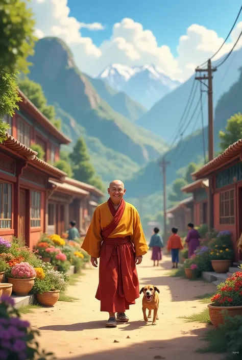 **Serene Village Scene:**
- **Setting:** A peaceful village nestled in the mountains during the morning light.
- **Main Character:** A  monk named Tenzin, dressed in saffron robes, walking through the village with a warm smile.
- **Environment:** The villa...