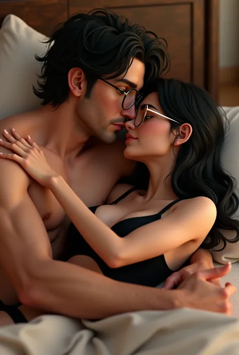 Make a picture of Aurora and Marcus in bed. Aurora is with.curly hair, black and long shaggy, black light skin, freckles on the nose below the round, completely gold glasses, oval and delicate face, slightly pink mouth, . Marcus with the appearance of Clar...