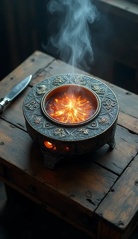 An otherworldly stove on a wooden desk,Shot from directly above