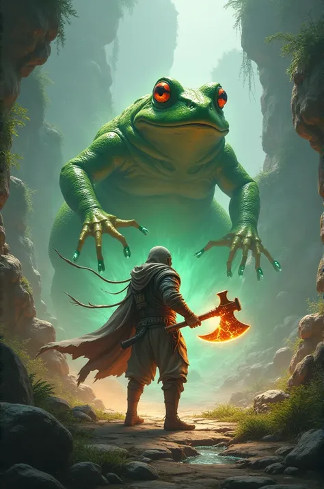 A player back with future axe and fighting with frog and frog back light rock and frog looking like dengeres 