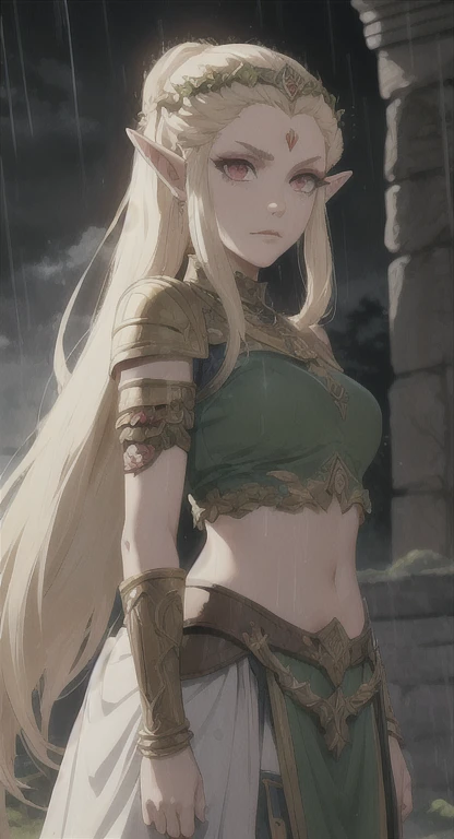 Ancient Hylian, Devine heroine, princess Hylia, blonde, red eyes, glaring at viewer, ancient Devine armor, long messy hair, ruined Hyrule, medieval castle ruins, thunderstorm, rain,