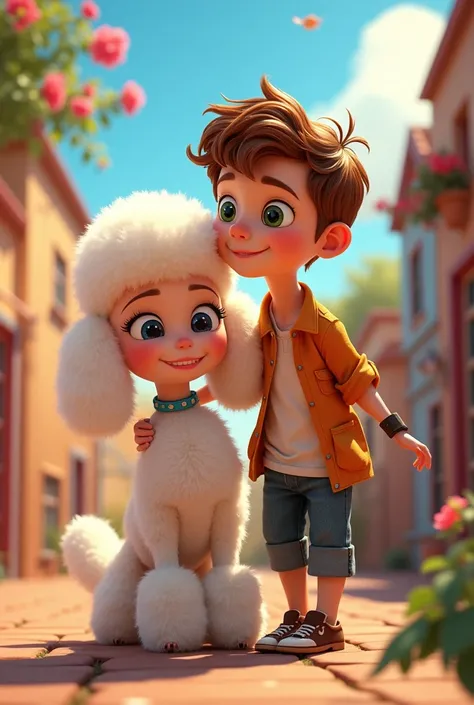 Create a poster inspired by Disney Pixar movies, He is of medium height and has light brown hair., Long Curly Hair, Plump lips and green eyes、And a girl with a silly face and a white poodle puppy, Well-groomed furry puppy with sharp canines playing. The ti...