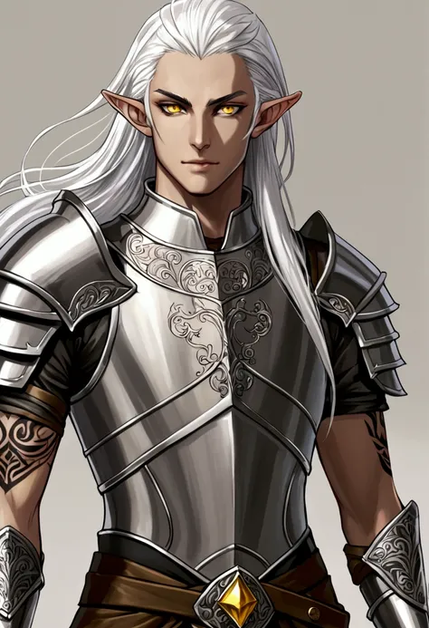 masculine,  adolescent, dark elf, LONG white hair, yellow eye, Fighter, RPG style, lightweight armour, tattoo on left arm 