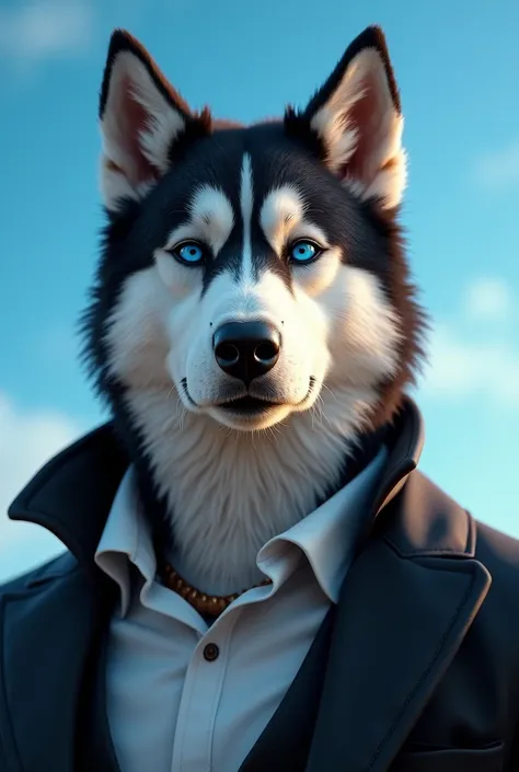 (best quality, masterpiece, 8K, photorealistic, cinematic lighting, 1:4 hdr image, top view, ultra detailed, beautiful image), a mature man, very handsome, short black and white hair, blue sky eyes,Husky tail,  husky ears, perfect face without errors , (CE...