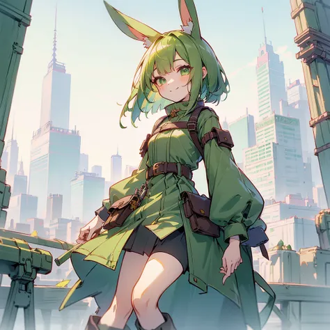 (long green rabbit ears), green animal ears, (1 girl), green hair, green eyes, bob cut, thin eyebrows, smiling, young, alone, lo...