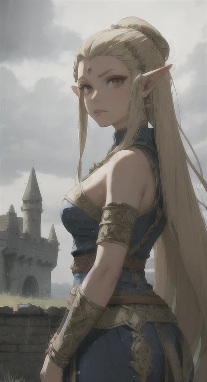 Ancient Hylian, Devine heroine, princess Hylia, blonde, red eyes, glaring at viewer, ancient Devine armor, long messy hair, destroyed Hyrule, medieval castle ruins, thunderstorm, rain,