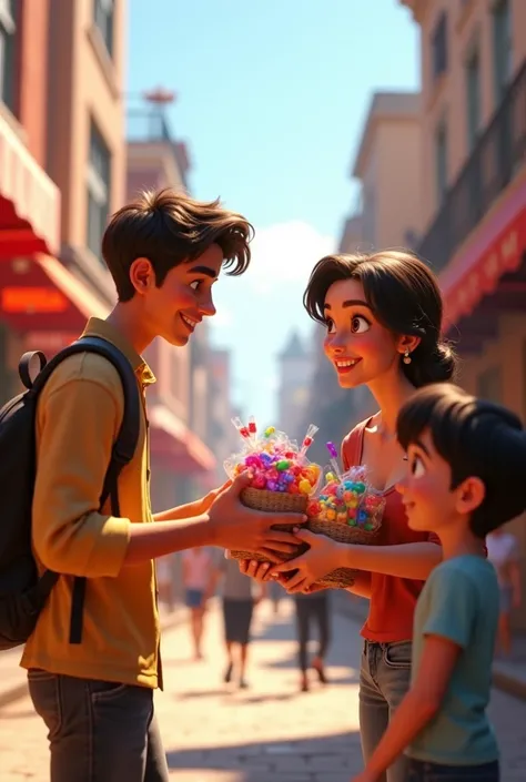 Young people handing out bags of candy to children on the street in Pixar style