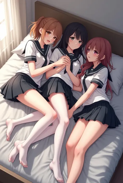 4  girls in skirt on a bed with sweaty white school stockings 