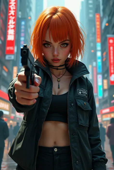 Cyberpunk settings, girl with orange haggy layered bob, wearing black jacket and pants, holding a pistol, freckles, lip filler, thick eyebrows, dimples 