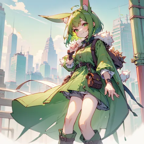 (long Green rabbit ears), green animal ears, (1 girl), green hair, green eyes, bob cut, thin eyebrows, smiling, young, alone, Lolita, childhood, short, overall, coat, long boots, red hood, wide pants, harness, fingerless globe, belt, waist pouch, in the ci...