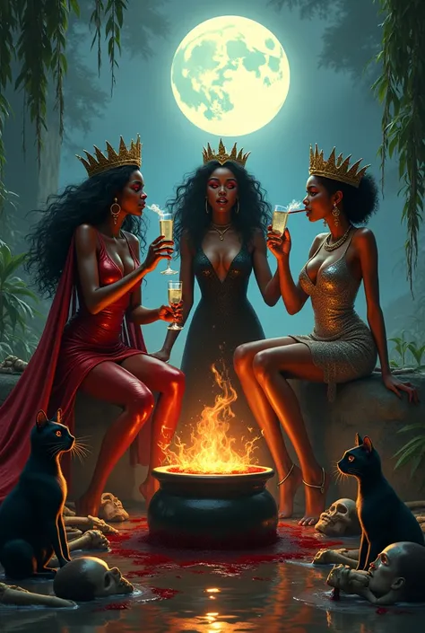 3 African women , crowns, trident, dancing dancing, red latex dresses the other black latex ,  long wavy curly hair long, black hair, the other has gray hair and the last one has blonde hair with braids, eye color two red and the other gray, human bones an...