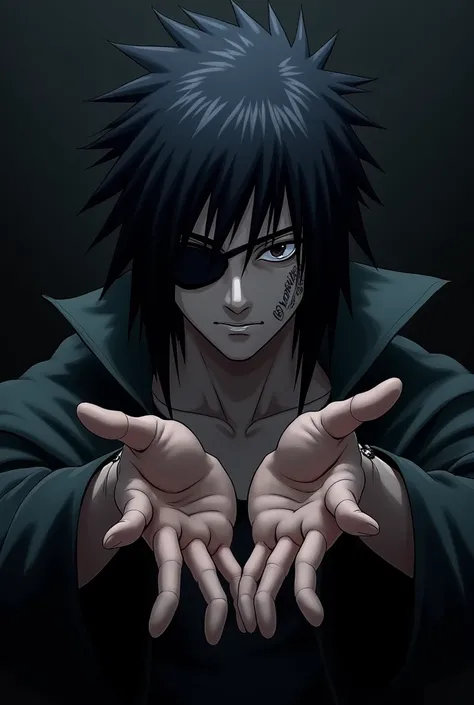 Sasuke Uchiha a dark and mysterious man, black hair and black eye with a black background that highlights the intertwined hands and his scarred face with an eye patch, He has a large scar above his right eyebrow and down his face., disappearing under the p...