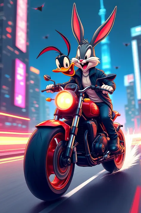 Anime drawing of Bugs Bunny and Daffy Duck on a motorcycle