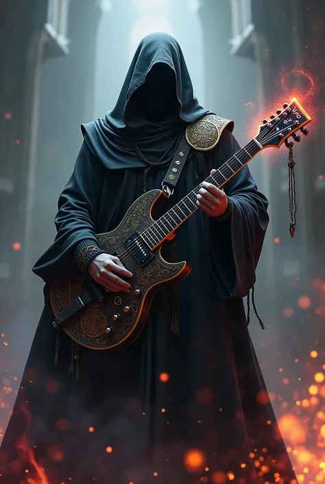 a black magician. A guitar with 2 necks. A microphone resembling a medieval weapon and a shield made from a drum cymbal on the wizard&#39;s back.