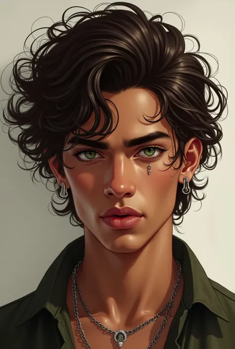 Young dark-skinned man of Latin American appearance, hairless , very long curly brown hair, green eyes and piercings, digital illustration