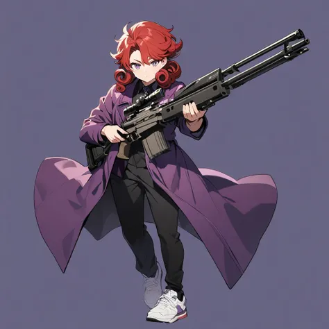 ((whole body)), ((  ,male gender)), ((curly red hair)),(( wearing 1 purple coat)),((wearing 1 white shoe)),((with a precision rifle in hand))