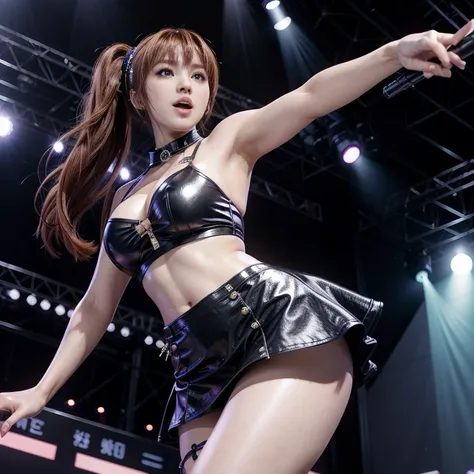 , kasumi, wearing kpop clothes with mini skirt, singing on a stage, 1 , high resolution, Masterpiece artwork, Hair with sideburns, 