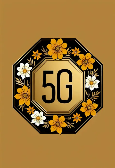 Logo for a clothing store that the logo is an octagon and around it not very large and elegant flowers that inside the logo say 5G that below the logo say imports and that all this has a vibrant golden color