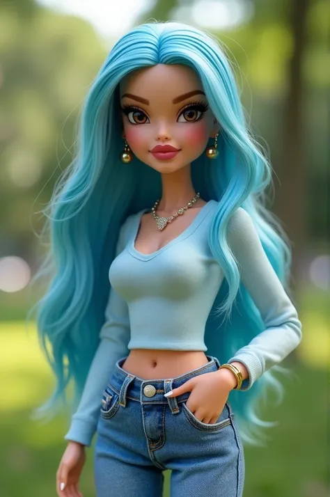 Realistic and sexy Bratz doll with white skin, long blue hair, brown eyes and reddish lips. She is standing in the park. a light blue top and denim jeans, with a cute necklace and circular earrings.