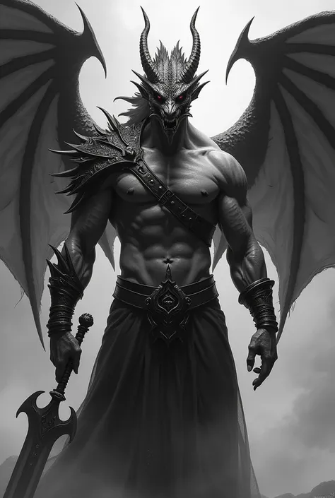 A black and white half dragon man, with a black bracelet and a double blade 