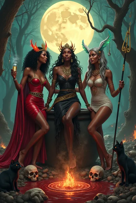 3 African women , crowns, trident, dancing dancing, red latex dresses the other black latex ,  long wavy curly hair long, black hair, the other has gray hair and the last one has blonde hair with braids, eye color two red and the other gray, human bones an...