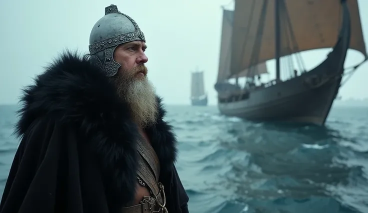 Harald preparing to invade England
Harald Hardrada, imposing and determined, wearing a black fur cloak and a steel helmet with intricate Viking designs, 1066 AD, standing on the deck of a massive Viking longship as it sails toward England, the cold wind wh...