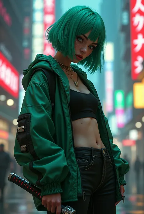 Cyberpunk settings, girl with green haggy layered bob, wearing oversized tech wear jacket and pants, holding a katana, freckles, lip filler, thick eyebrows, dimples realisti textures dynamic scene cinematographic colors visual impact 