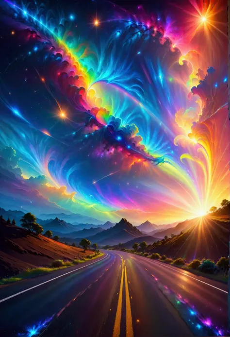 a vibrant translucent rainbow textured road in the comos, bright nebulae of all kinds, forming stars, into the void, luminism, s...