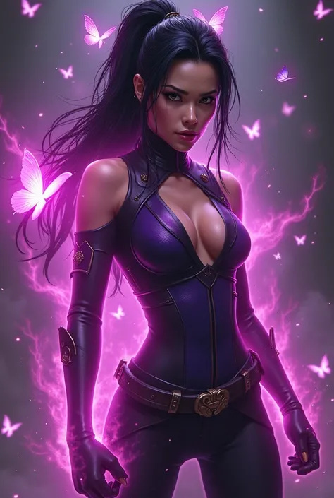 fullbody, portrait Illustration of PSYLOCKE from x-men, an beatiful japanese girl in fight pose envolve in a energy pink aura, little butterflies made of purple energy plasma; dark background, psylocke, realistic, photo-realistic, 8k, highly detailed, full...