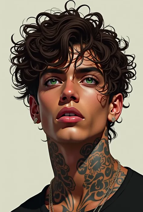 Young dark-skinned man of Latin American appearance, hairless , long curly brown hair, green eyes, tattoos and piercings, digital illustration