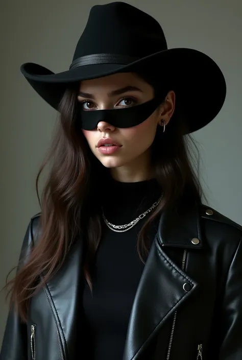 brunette girl with long hair brown eyes wearing full black mask black cowboy hat black top leather jacket and two short plain silver chains