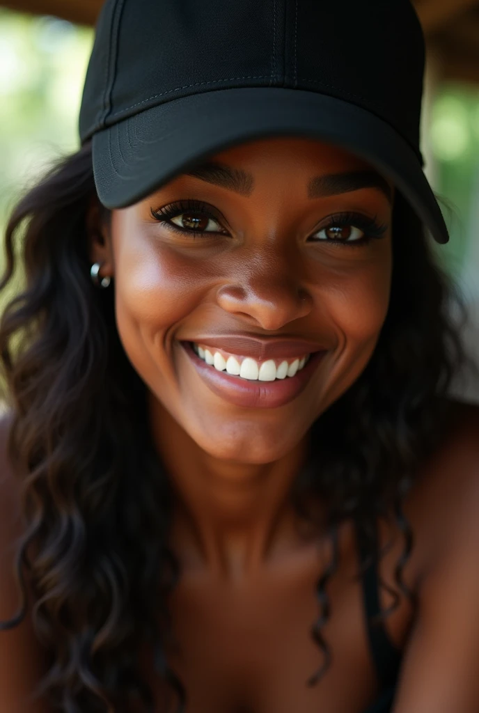 a beautiful black woman with brown eyes with a black trucker cap on her head, smiling at the camera. Cinematic lighting, real scene, realistic, no close-up 