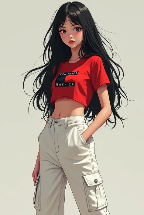 A girl hight 56 weight  54 and layer cutting long black hairs  and black eyes and wearing white six pocket cargo with red crop top  short sleeves.. hide tommy with top, full size picture 