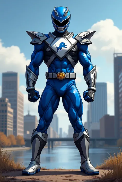 Power Ranger inspired by the NFL Lions with boots showing and the city of Detroit in the background 