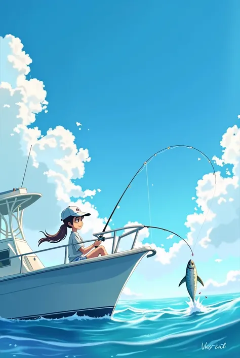 A girl is fishing on a boat. Big white boat. Smiling face. Blue summer sky. Wearing a cap. Ponytail. Catching a big fish. Looks fun.