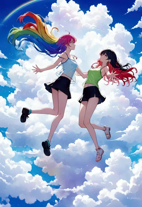 woman,reaching out, rainbow-colored hair,long hair,shorts camisole,mini skirt　big fluffy cloud,noon,it rains,, floating in the c...