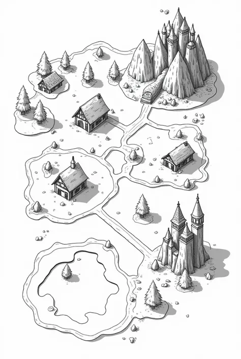 I want a black and white map.  with six locations, being them: several trees (in the left corner of the map there are several little houses (at the top of the map, a lake (at the bottom of the map)
some trees (next to the swamp)
 A castle  (next to the for...