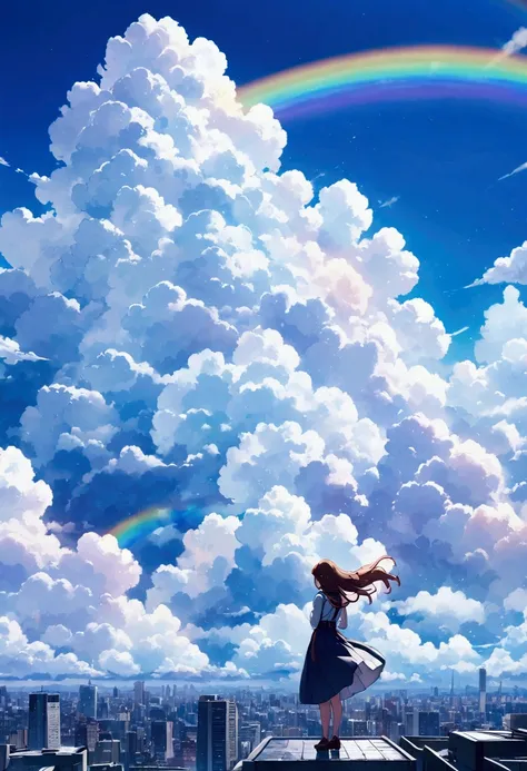 big fluffy cloud,noon,it rains,rainbow, 　catching the wind: cityscape - a girl looking down on the city from the rooftop of a sk...