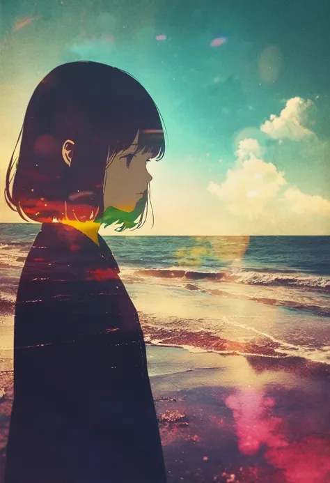 (masterpiece, best quality),(double exposure sea: 1.2),A tween girl who visited an empty sea in September, feeling melancholy,
,splash color, retro photo,lens flare,