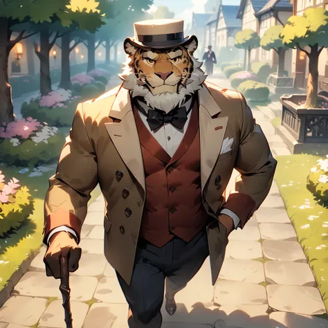 dynamic angle, gentleman, plump middle-aged british jaguar man, silk hat, walking stick, light smile, take a walk, brown eyes, b...