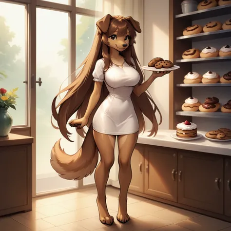 indoors, bakery, cookies, chocolate, 1girl, smile, looking at viewer, full body, mini dress , tight dress , standing, brown dog,...